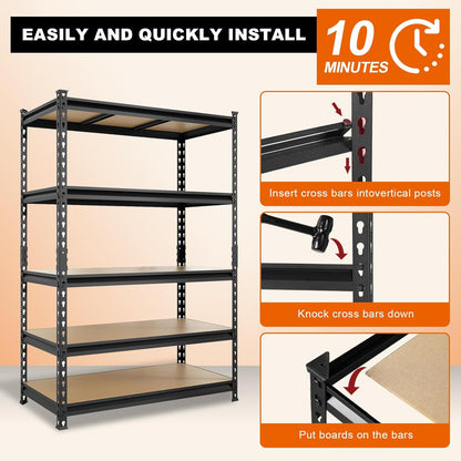 BIG RED Storage Shelving Unit, 5-Tier Adjustable, Heavy Duty Metal Garage Shelves/Utility Rack for Kitchen, Pantry, Basement, Bathroom, Laundry - 3,000lb Capacity, Black, 72" H x 48" W x 24" D