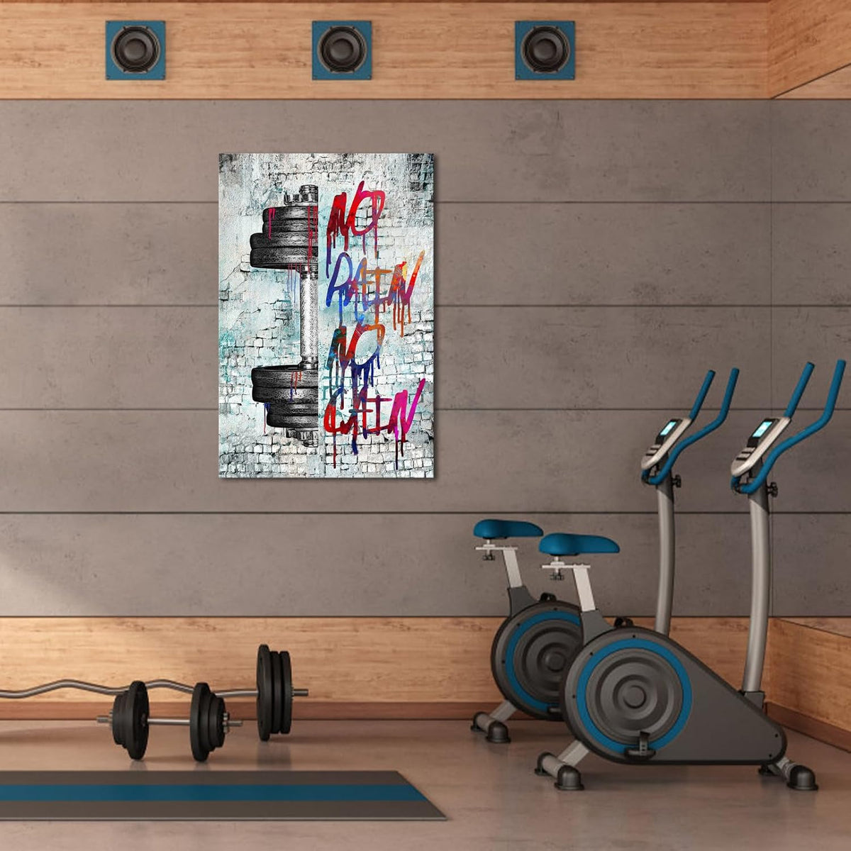 iHAPPYWALL Vintage Inspirational Fitness Quotes Wall Art No Pain No Gain Dumbbells Gym Sport Picture for Home Bodybuilding Room Bedroom Decor Ready to Hang 24x36inch (Grey)