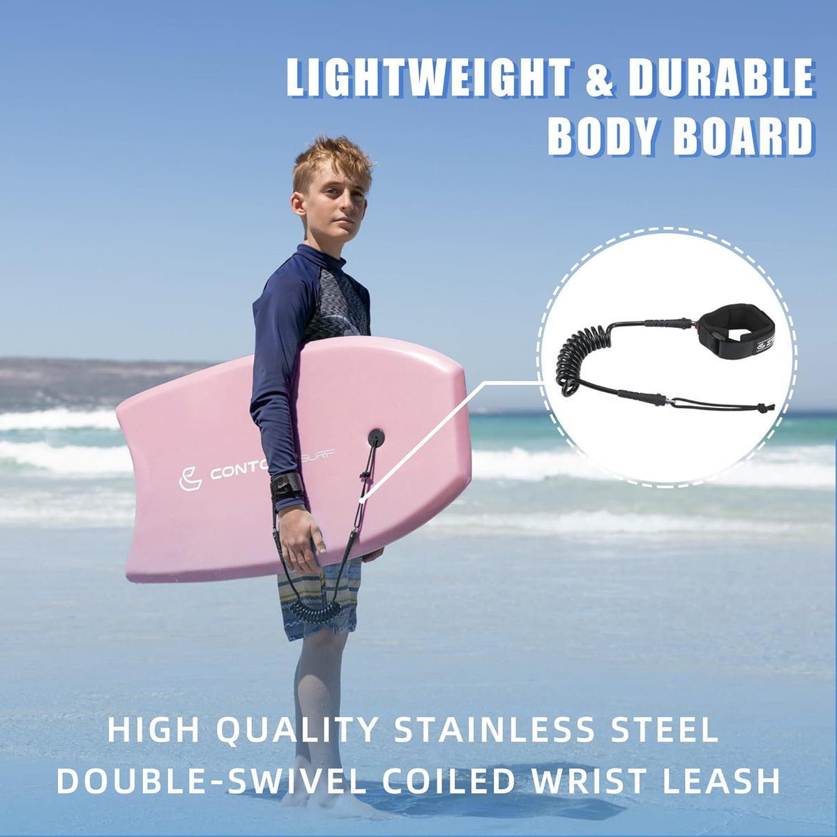 Reed Body Board 33 Inches Bodyboard Body Boards for Beach Kids Lightweight EPS Core Dual Channel Double Swivel Coiled Wrist Leash for All Surfing Levels