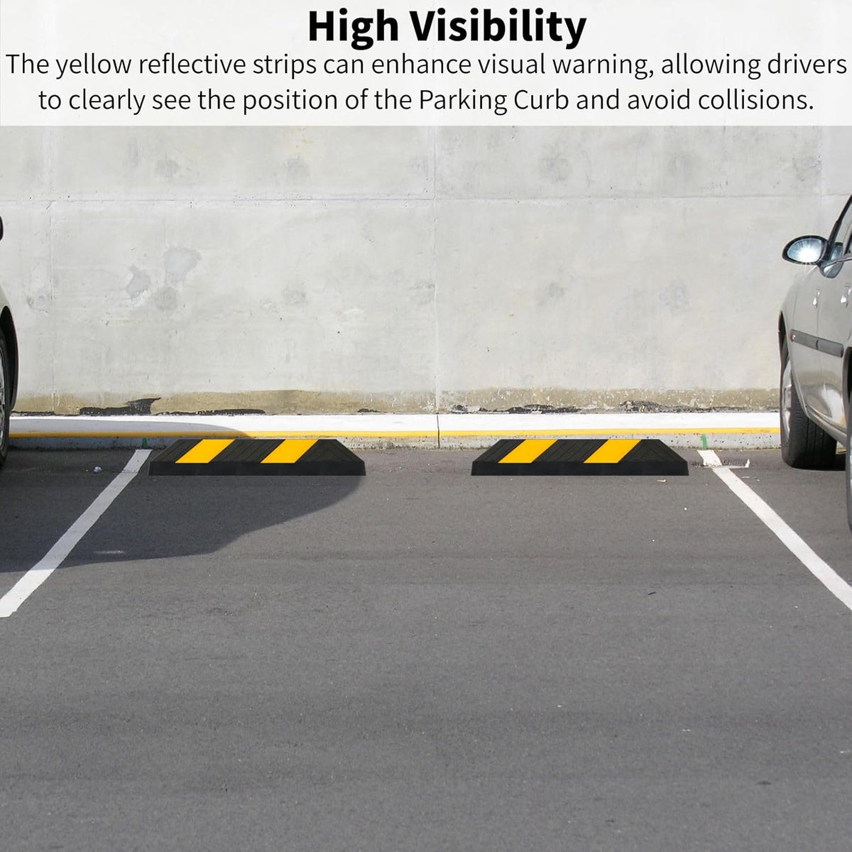 Heavy-Duty Parking Curb Wheel Stop - Driveway Vehicle Stopper for Cars, Trucks & RVs - Durable Rubber Car Barrier with Reflective Strip - Garage & Parking Lot Safety Curb Ramp (21" - 4Pack)