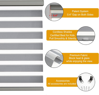 Persilux Cordless Zebra Blinds for Windows (45" W X 64" H, Grey) Free-Stop Dual Layer Roller Windows Shades for Day and Night, Light Filtering Sheer Shades for Home, Easy to Install