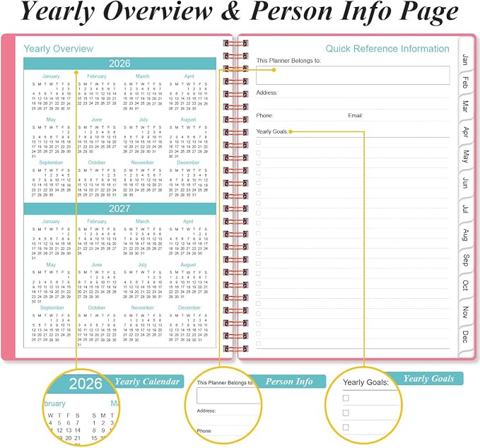 Daily Planner 2026 Full Page Per Day- 2026 Daily & Monthly Planner from January 2026 to December 2026, Day Planner 2026 with 12 Months Tabs, 6.4" x 8,5", Pink