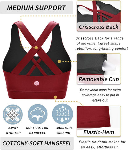 RUNNING GIRL Sports Bra for Women, Criss-Cross Back Padded Strappy Sports Bras Medium Support Yoga Bra with Removable Cups