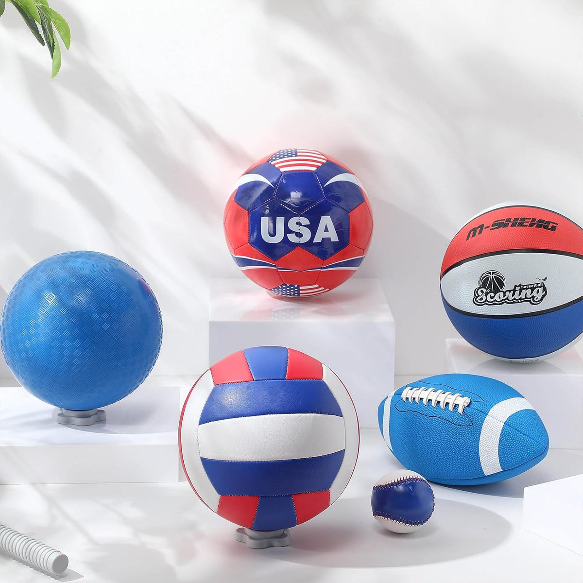 6 Pcs Multi Sport Ball Set Official Size Football, Basketball, Soccer, Volleyball, Playground Ball, Baseball with Equipment Bag Pump for Teen Adult Sport Gift Back to School