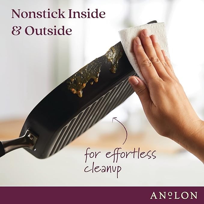 Anolon Advanced Home Hard Anodized Nonstick Deep Square Grill/Griddle Pan with Pour Spouts, 11 Inch, Onyx