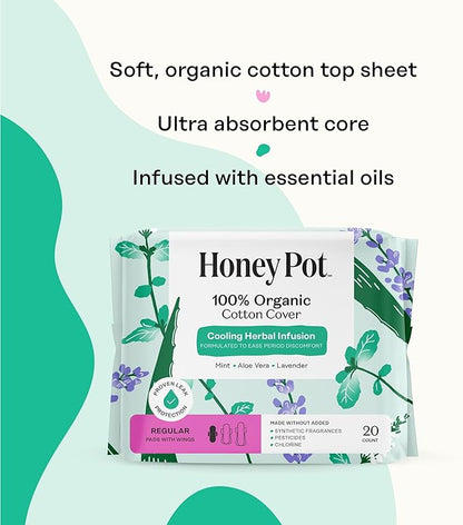 The Honey Pot Company - Herbal Sanitary Pads for Women - Regular Flow w/Wings - Infused w/Essential Oils for Cooling Effect & Organic Cotton Cover - Feminine Care - 20 ct