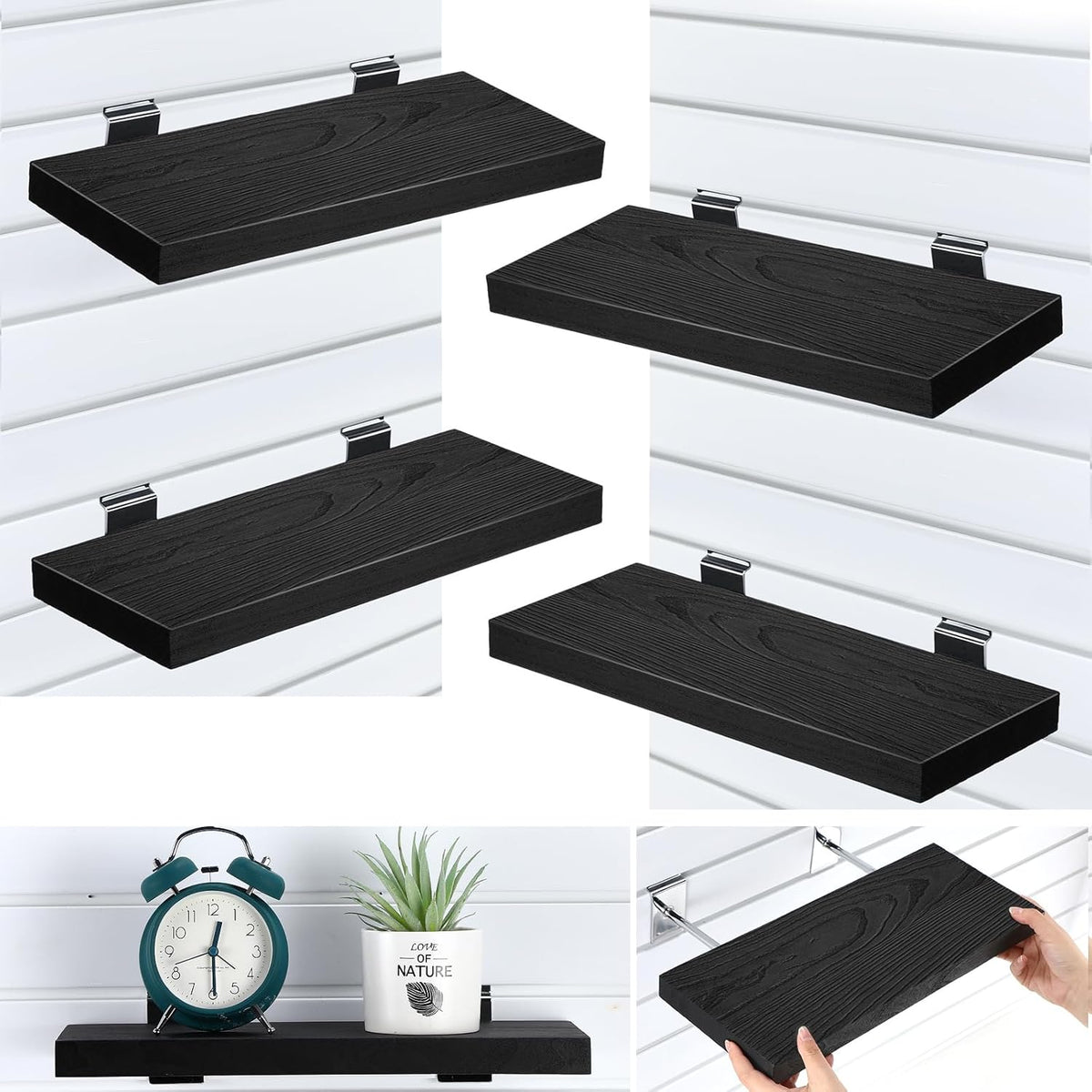 4 Pack Wooden Slatwall Shelf, 16.1" D x 6.7" W x 1.1" H Slatwall Shelves with Metal Hooks Organizer Set Mounted Accessories for Garage Home Workshop Workbench