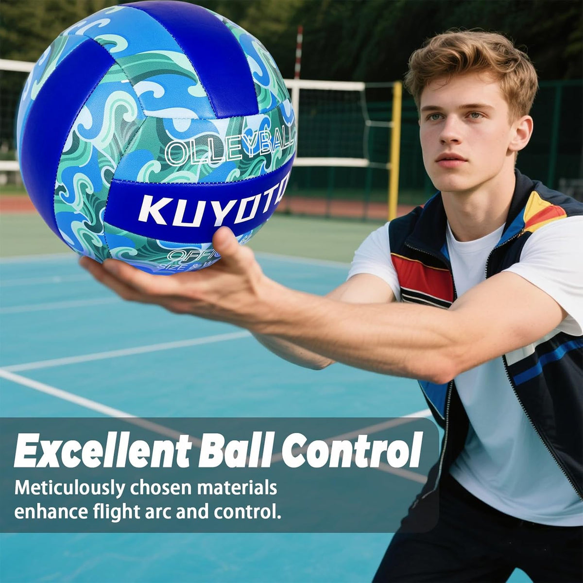 KUYOTQ Official Size 5 in&Outdoor Beach Volleyball,3MM Thickened Surface Soft Leather Youth Womens Mens Volleyball for Game Gym Training(Deflated) (Blue-Wave)