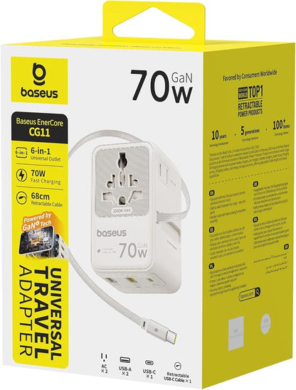 Baseus 70W Universal Travel Adapter with Retractable Cable, 6-in-1 International Plug Adapter, USB-C PD Fast Charging Worldwide Wall Charger for USA/EU/UK/AUS and Over 200 Countries (Off-White)