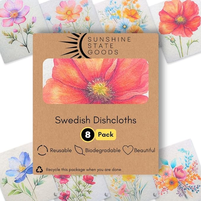 Swedish Dishcloths for Kitchen - Ecofriendly Reusable Paper Towels, Biodegradable Dish Cloths - Cellulose Sponge Dish Cloths for Washing Dishes - 8 Pack (Floral)