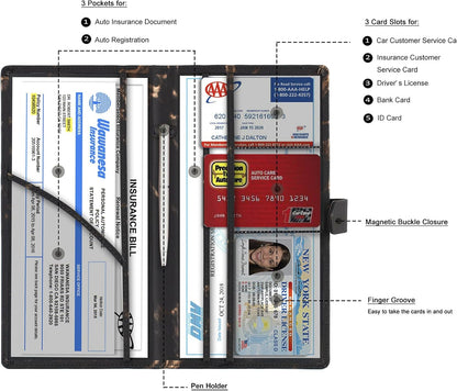TOURSUIT Car Registration and Insurance Card Holder, Vehicle License Document Glove Box Compartment Organizer, Interior Car Accessories for Women Men (Marble Black)