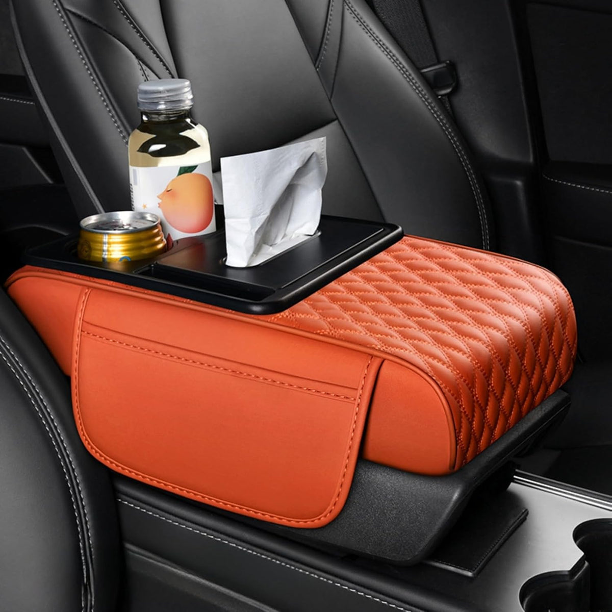 Center Console Cover Organizer, 5-in-1 Arm Rest Cover for Car with Cup Holder & Storage Pocket & Tissue Holder, Armrest Cover Cushion Pad, Water Ripples, Emma Orange