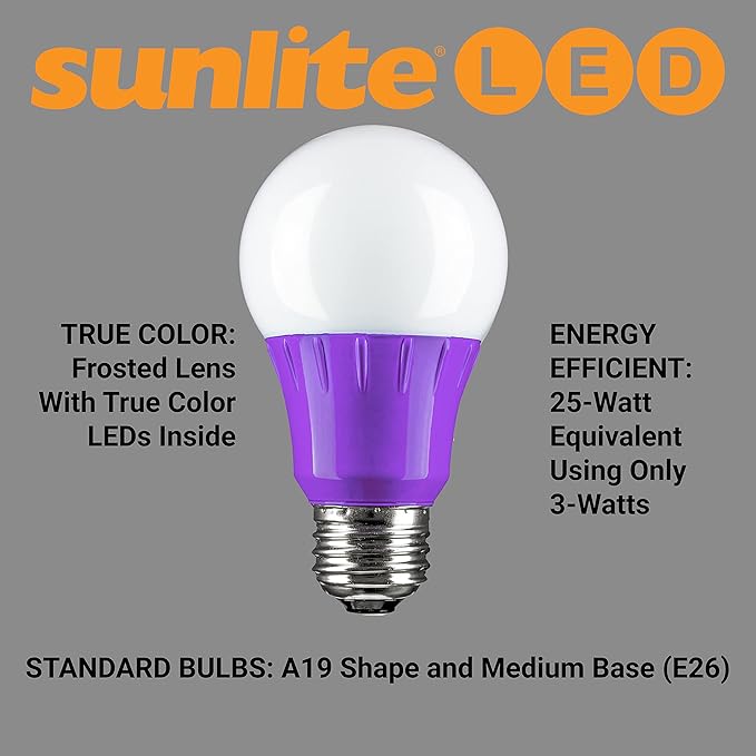 Sunlite 40946 LED A19 Colored Light Bulb, 3 Watts (25w Equivalent), E26 Medium Base, Non-Dimmable, UL Listed, Party Decoration, Holiday Lighting, 6 Count, Purple