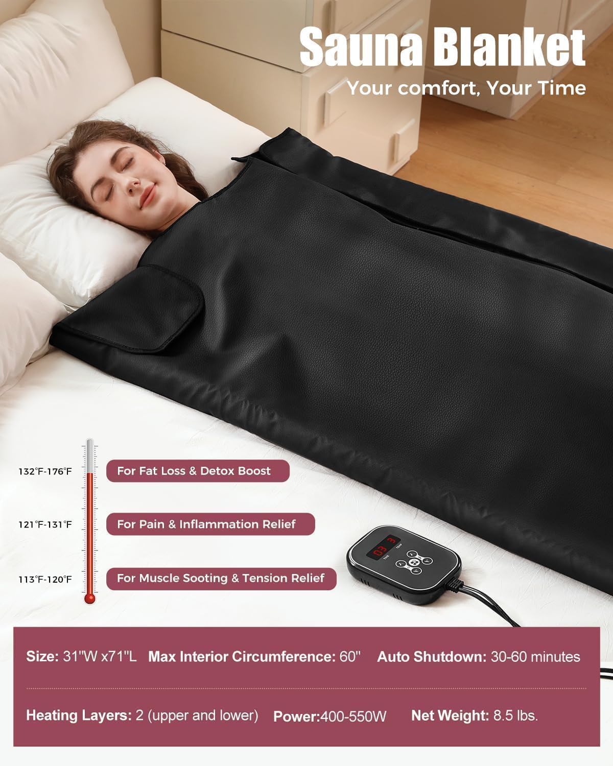 Infrared Sauna Blanket - Portable Far Infrared Sauna for Home Relaxation - PU Sauna Blanket - Infrared Blanket Sauna with 77–176 °F Temp Range（Pure Black）