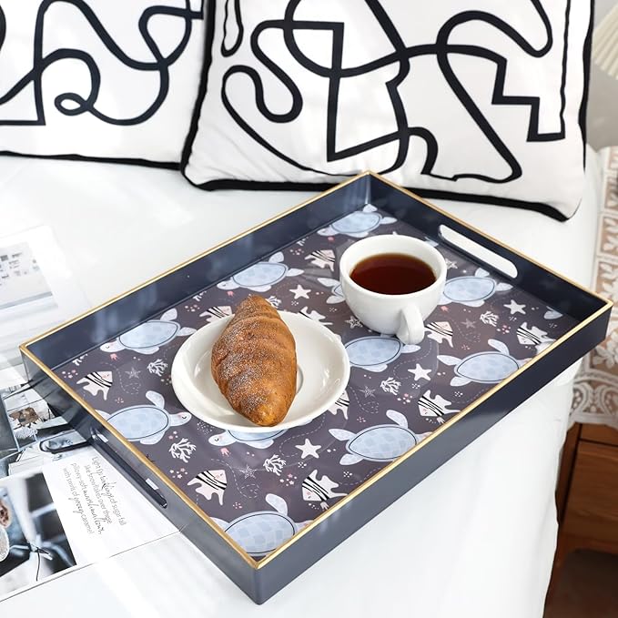 Spsyrine Decorative Serving Tray with Handles, Blue Lacquered Coffee Table Tray for Ottoman, Rectangle Waterproof Platters for Centerpieces, Parties, Living Room, Kitchen Counter Organization Turtle