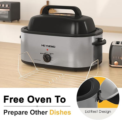 28Qt Electric Roaster Oven, with Self-Basting Lid, Removable Pan, Cool-Touch Handles, 1450W Stainless Steel Turkey Roaster Oven, Silver