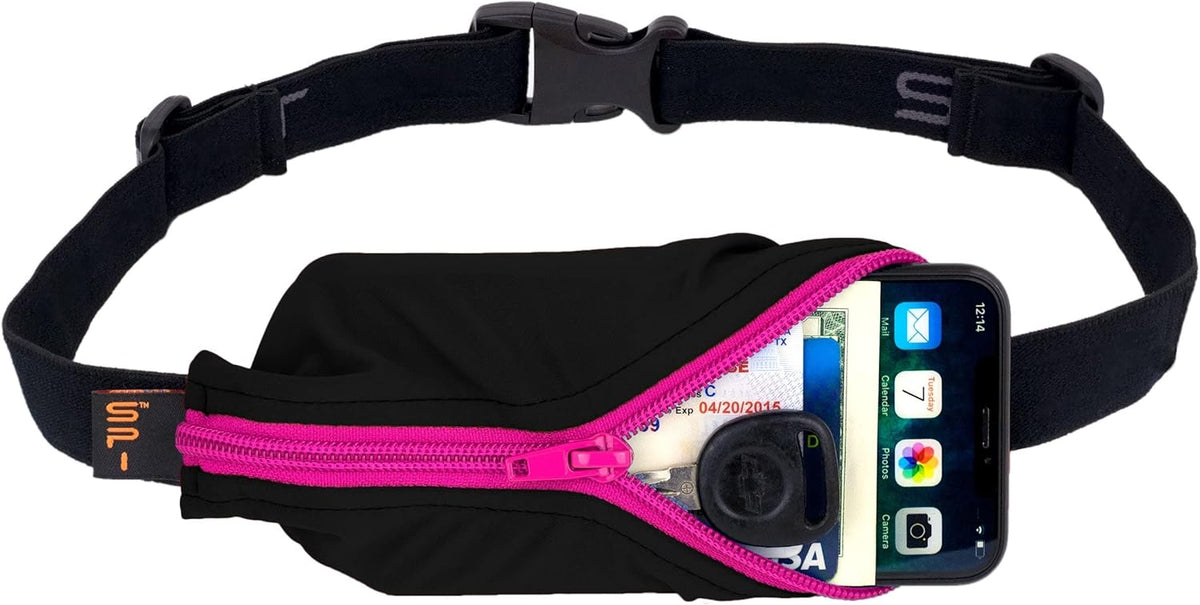 SPIbelt Running Belt for Women Men, Phone Holder for Running, Running Fanny Pack, Holder for Phone, Running Waist Pack, Adjustable Waist, [Fits All Phones]. Black with Hot Pink Zipper