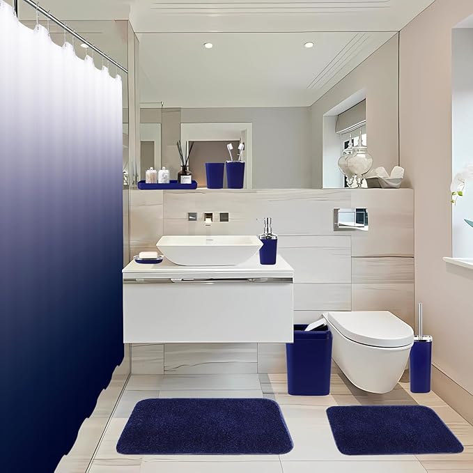 24PC Navy Blue Bathroom Set with Shower Curtain and Rugs, Blue Bathroom Sets Complete with Trash Can,Soap Dispenser,Soap Dish,Toilet Brush,Toothbrush Holder and Cup,Tray,Q-Tip Holders