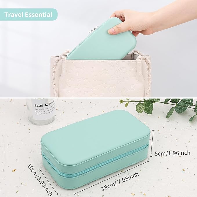 DesignSter Travel Jewelry Box, PU Leather Portable Jewelry Case, Small Jewelry Boxes for Gifts, Travel Jewelry Organizer for Women Rings Earrings Necklaces Bracelets (Mint Green)