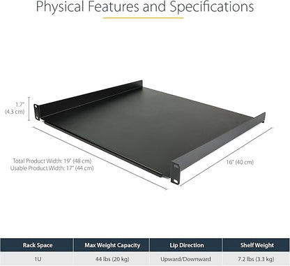 StarTech.com 1U Server Rack Shelf - Universal Rack Mount Cantilever Shelf for 19" Network Equipment Rack & Cabinet - Heavy Duty Steel – Weight Capacity 44lb/20kg - 16" Deep Tray, Black (CABSHELF116)