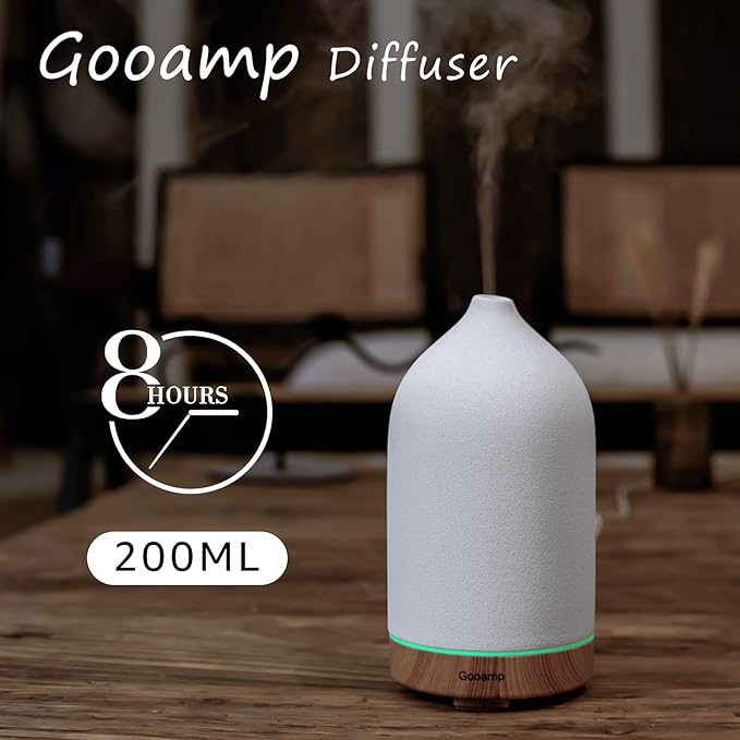200ML Ceramic Essential Oil Diffuser - Ultrasonic Aromatherapy & Humidifier with 7-Color LED Lights, Auto Shut-Off, Wood Grain Base, 1H/3H/6H Timer | Scent for Home, Office, Yoga