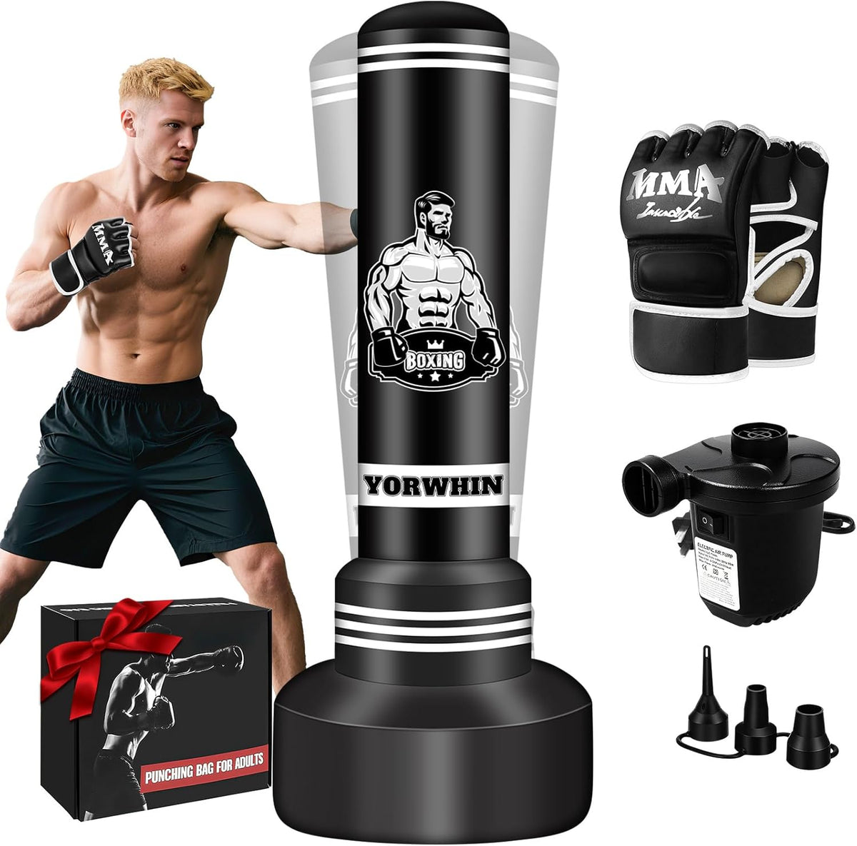 Heavy Punching Bag for Adults Teens, 70'' Standing Boxing Kicking Bag Freestanding Heavy Bag with Gloves and Electric Air Pump, Men Kickboxing Bags for Beginners Training MMA Muay Thai Fitness