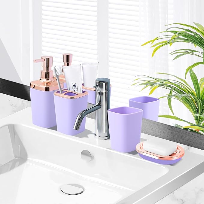 Purple Bathroom Accessories, 24 Pieces Light Purple Bathroom Accessories Set with Shower Curtain, Bath Towels, Trash Can, Soap Dispenser and Soap Dish for Bathroom/Housewarming