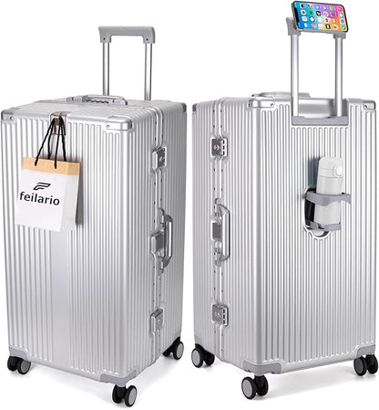 feilario 30in Super Large Captain Aluminum Frame Hardside Spinner Wheels Luggage, Zipperless Checked Suitcase with Cup Holder/Phone Holder