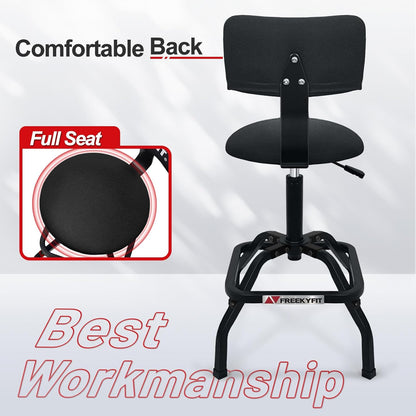 Shop Stool with Backrest, Mechanic Garage Stool for Workshop, Adjustable Shop Stools Chair, Padded Workbench Stools for Men Women, 300 LBS Capacity, 360° Swivel PVC Seat, Heavy Duty, Black