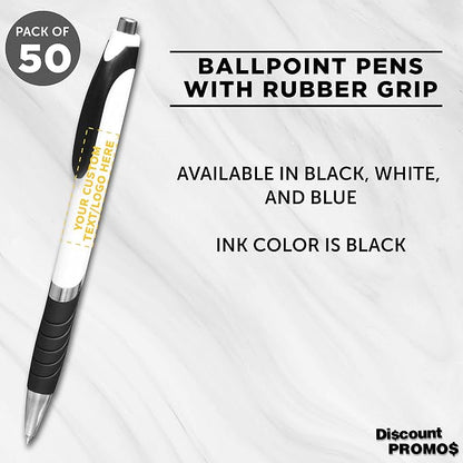 DISCOUNT PROMOS Ballpoint Pens With Rubber Grip - 50 pack - Customizable Text, Logo - Black Ink Ball Point Pen with Soft Touch Plastic - White