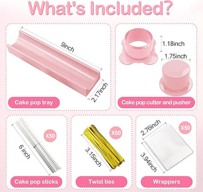 Round Cake Pop Mold Set with 50PCS Sticks Bags Ties,1.75 Inch Cake Pop Cutter and Pusher,Dishwasher Safe Baking Molds for Birthday Wedding Kids Party Desserts-Pink