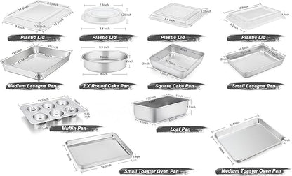 TeamFar Stainless Steel Bakeware Set, 13-Piece Metal Baking Roasting Pans with Lid, Rectangular/Square/Round/Lasagna/Loaf/Muffin Cake Pans, Non-Toxic & Sturdy, Smooth & Dishwasher Safe