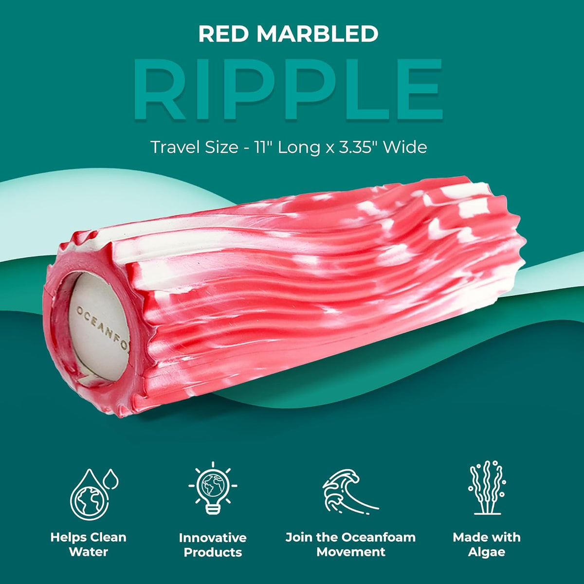 Oceanfoam Ripple Travel Foam Roller (11" x 3.35") Firm Mini Foam Roller for Physical Therapy, Deep Tissue Massage, Back Pain - High Density, Ergonomic Wave Textured - Yoga, Exercise (Red Marbled)