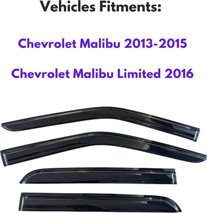 KPY Window Visor Compatible with Chevrolet Chevy Malibu 2013-2015 & Malibu Limited 2016, 4PC Rain Guard Side Window Vent Deflectors Tape-On Mugen Style, 2013 2014 2015 2016