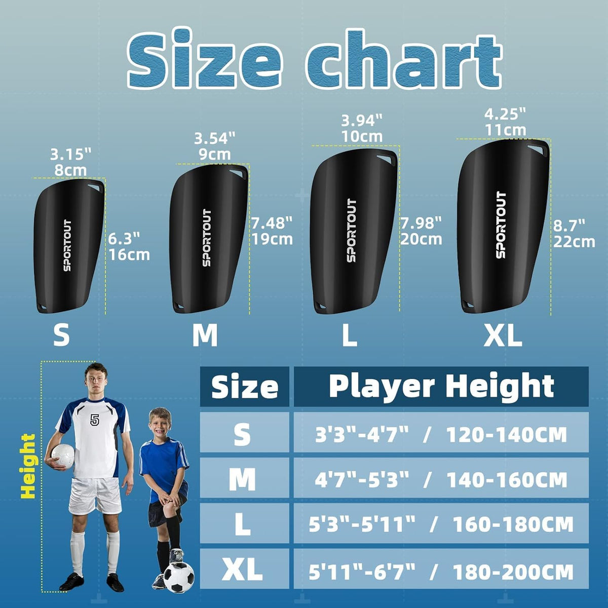 Sportout Soccer Shin Guards - Shin Guards Soccer Kids Youth Adult Protective Shin Pads with Sleeves and Insert Pocket for Boys Girls for Age 4-6, 6-8, 8-10,10-12,12-14,14-Adult