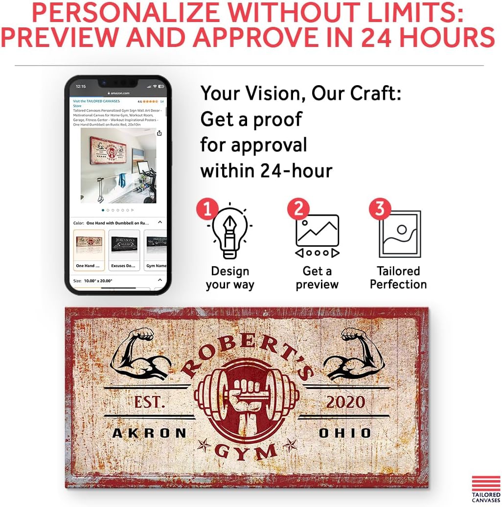 Tailored Canvases Personalized Gym Sign Wall Art Decor - Motivational Canvas for Home Gym, Workout Room, Garage, Fitness Center - Workout Inspirational Posters - One Hand Dumbbell on Rustic Red, 60x30in