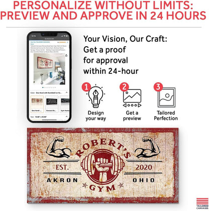 Tailored Canvases Personalized Gym Sign Wall Art Decor - Motivational Canvas for Home Gym, Workout Room, Garage, Fitness Center - Workout Inspirational Posters - One Hand Dumbbell on Rustic Red, 60x30in