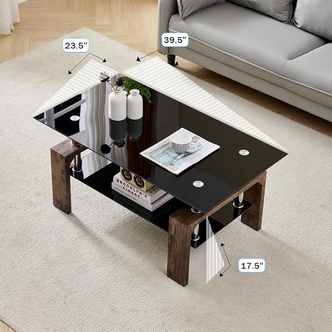 Living Room Rectangle Coffee Table, Tea Table Suitable for Waiting Room, Modern Side Coffee Table with Wooden Leg, Glass Tabletop with Lower Shelf.(Black Brown)