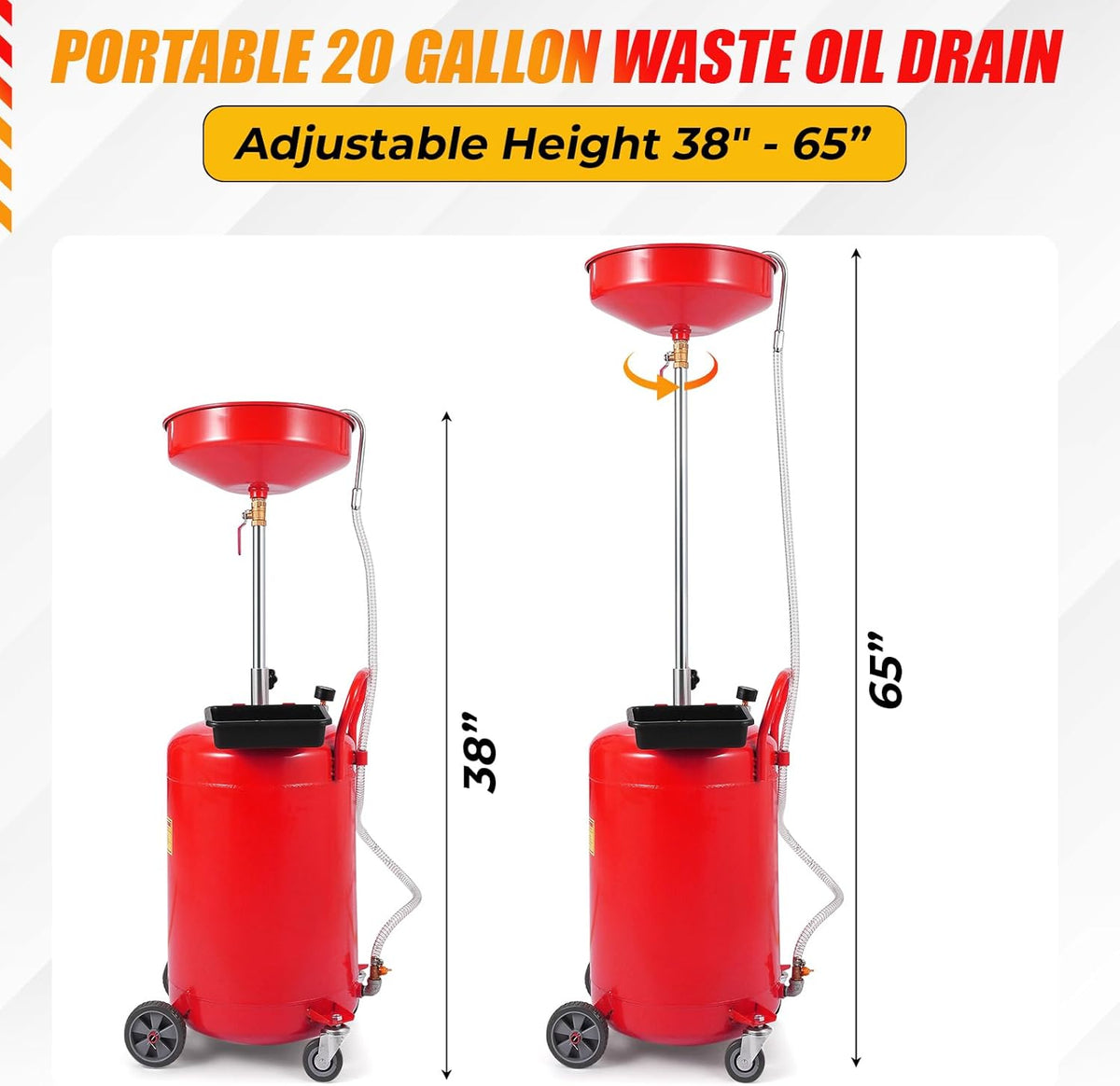 20 Gallon Waste Oil Drain Tank Portable Air Operated Oil Drainer with Adjustable Funnel Height 38-65 Inches 15 Inch Funnel Fluid Fuel Transfer Drain Container with 360 Degree Wheels and Toolbox Red