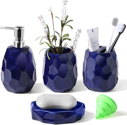 Ceramic Bathroom Accessories Set 4 PCS,Bathroom Toothbrush Holder Set,Soap and Toothbrush Holder Set,Include Toothbrush Holder,Soap Dispenser,Tumbler,Soap Dish,Bathroom Sets Decor Organizer(Navy Blue)
