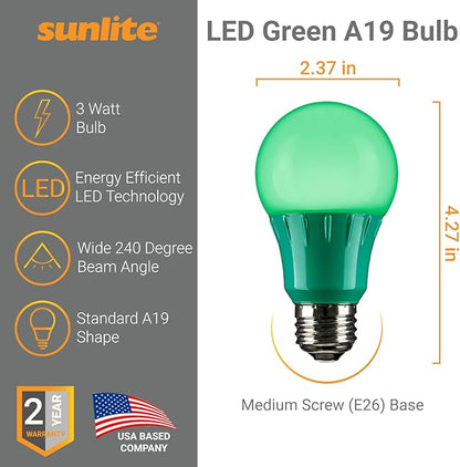 Sunlite 40451 LED A19 Colored Light Bulb, 3 Watts (25w Equivalent), E26 Medium Base, Non-Dimmable, UL Listed, Party Decoration, Holiday Lighting, 3 Count, Green