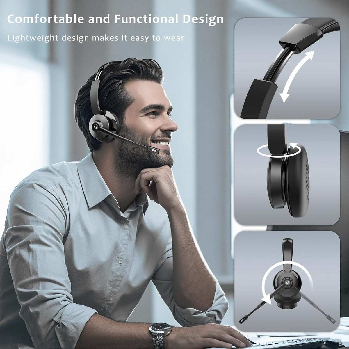 Wireless Headset，Bluetooth Headset with Microphone Noise Cancellation Wireless Headphones with USB Dongle Connection and Microphone Mute for PC/Laptop/Smartphone/Teams/Home