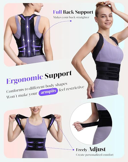 Posture Corrector for Women and Men, Full Back Support Brace, Adjustable Shoulder Straightener, Improving Posture, Relief Upper and Lower Back, Neck Pain, Full Black, Large