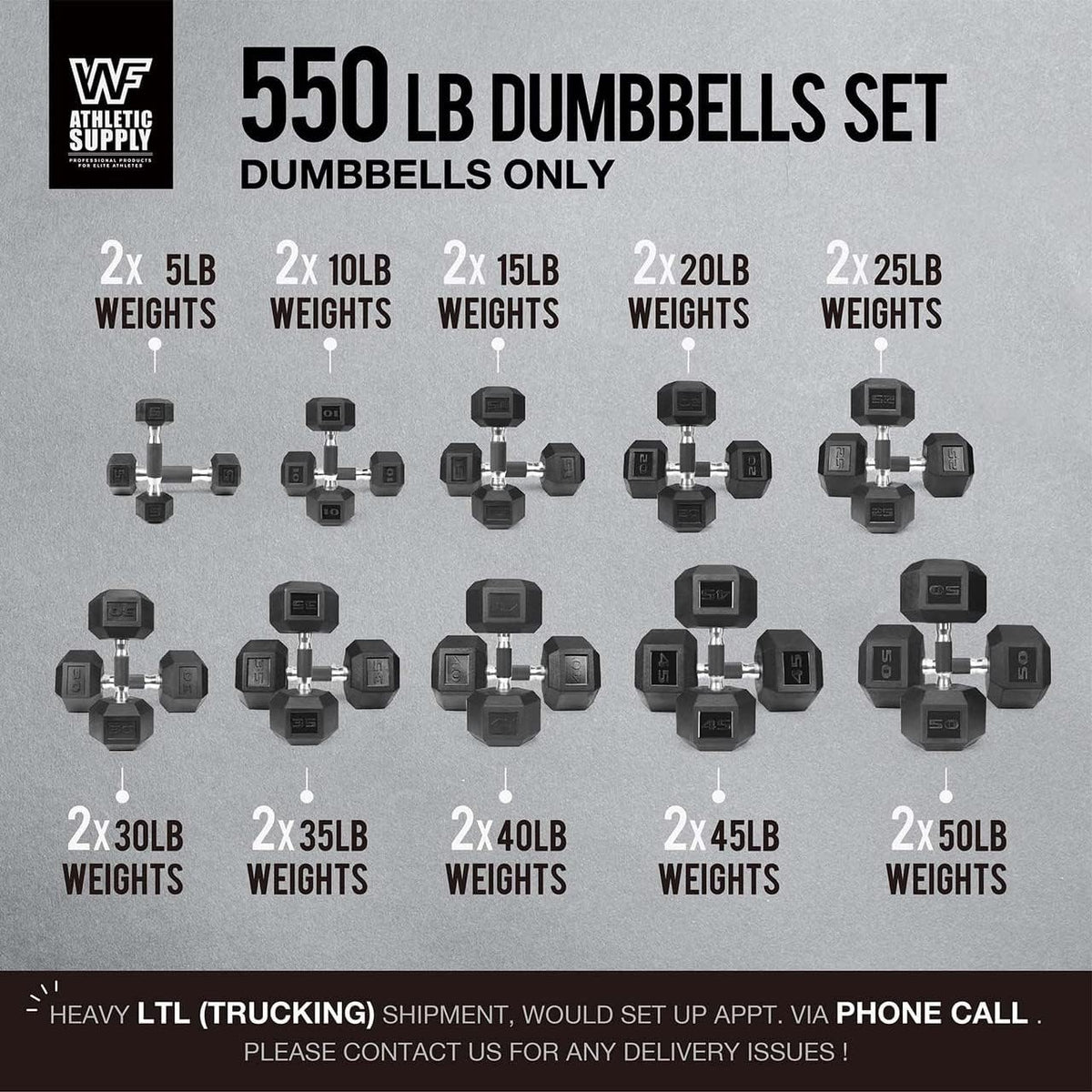 WF Athletic Supply Rubber Encased Hex Dumbbells with Rubber Grip Contoured Handle for Muscle Toning, Strength Building & Full Body Workout