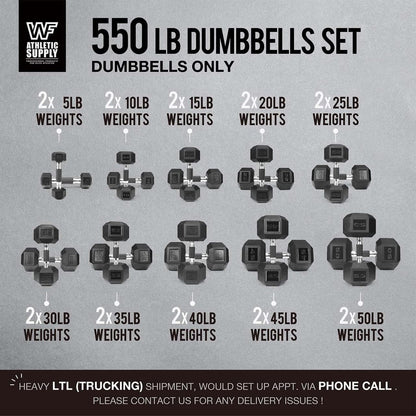 WF Athletic Supply Rubber Encased Hex Dumbbells with Rubber Grip Contoured Handle for Muscle Toning, Strength Building & Full Body Workout