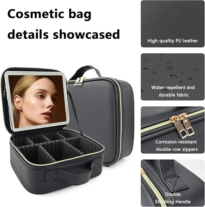 Travel Makeup Bag with LED Lighted Mirror, Travel Makeup Organizer,3 Color Setting Cosmetic Makeup Box, Adjustable Dividers and Brush Holder（black）