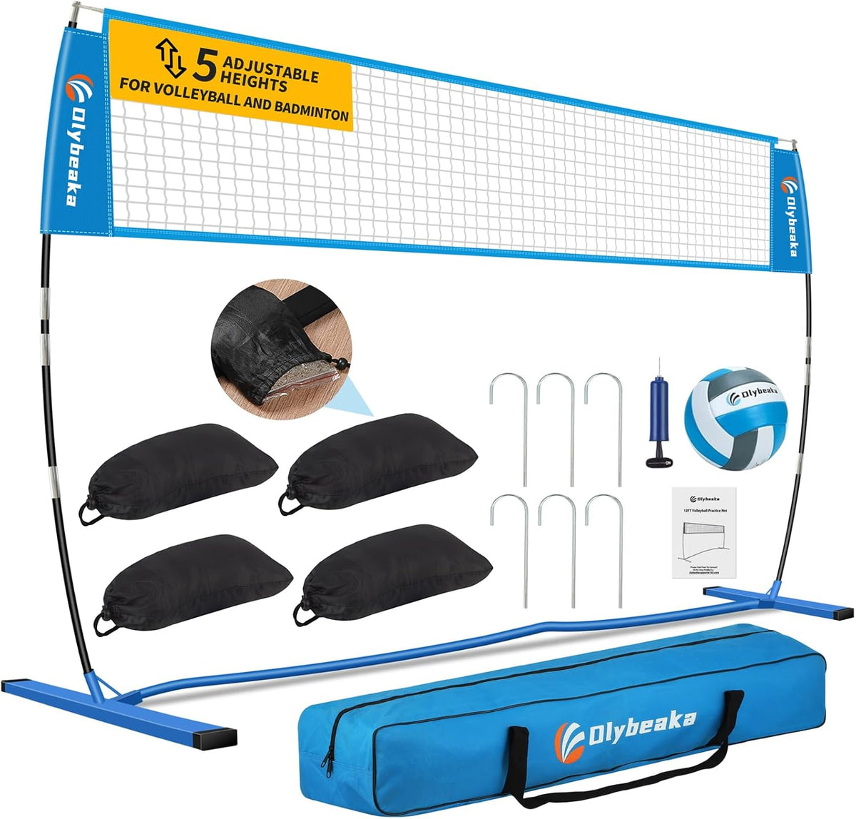 12ft/14ft Portable Volleyball Training Practice Net Set 5 Heights Adjustable for Indoor Outdoor with Tetoron Net, Freestanding Base, PU Volleyball, Carry Bag, Sandbags - Instant Set Up