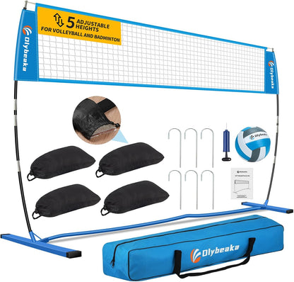 12ft/14ft Portable Volleyball Training Practice Net Set 5 Heights Adjustable for Indoor Outdoor with Tetoron Net, Freestanding Base, PU Volleyball, Carry Bag, Sandbags - Instant Set Up