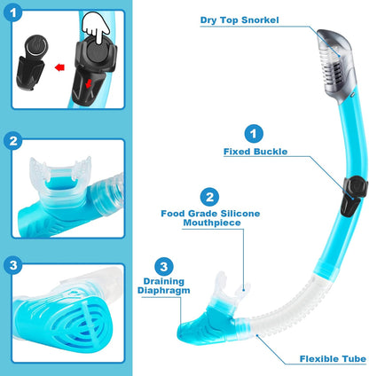 ZEEPORTE Mask Fin Snorkel Set, Travel Size Snorkeling Gear for Adults with Panoramic View Anti-Fog Mask, Trek Fins, Dry Top Snorkel and Gear Bag for Swimming Training, Snorkeling Kit Diving Packages
