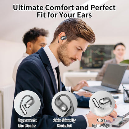 Open Ear Clip Wireless Earbuds Bone Conduction Headphones, Bluetooth 5.4, Open Ear Design for Running Fitness,office，Built-in Mic, IPX7 Waterproof, LED Display Charging Case,Ear Hooks Ear Buds